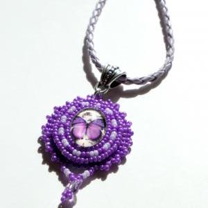 Beaded Purple Butterfly Glass Cabachon Lavendar..