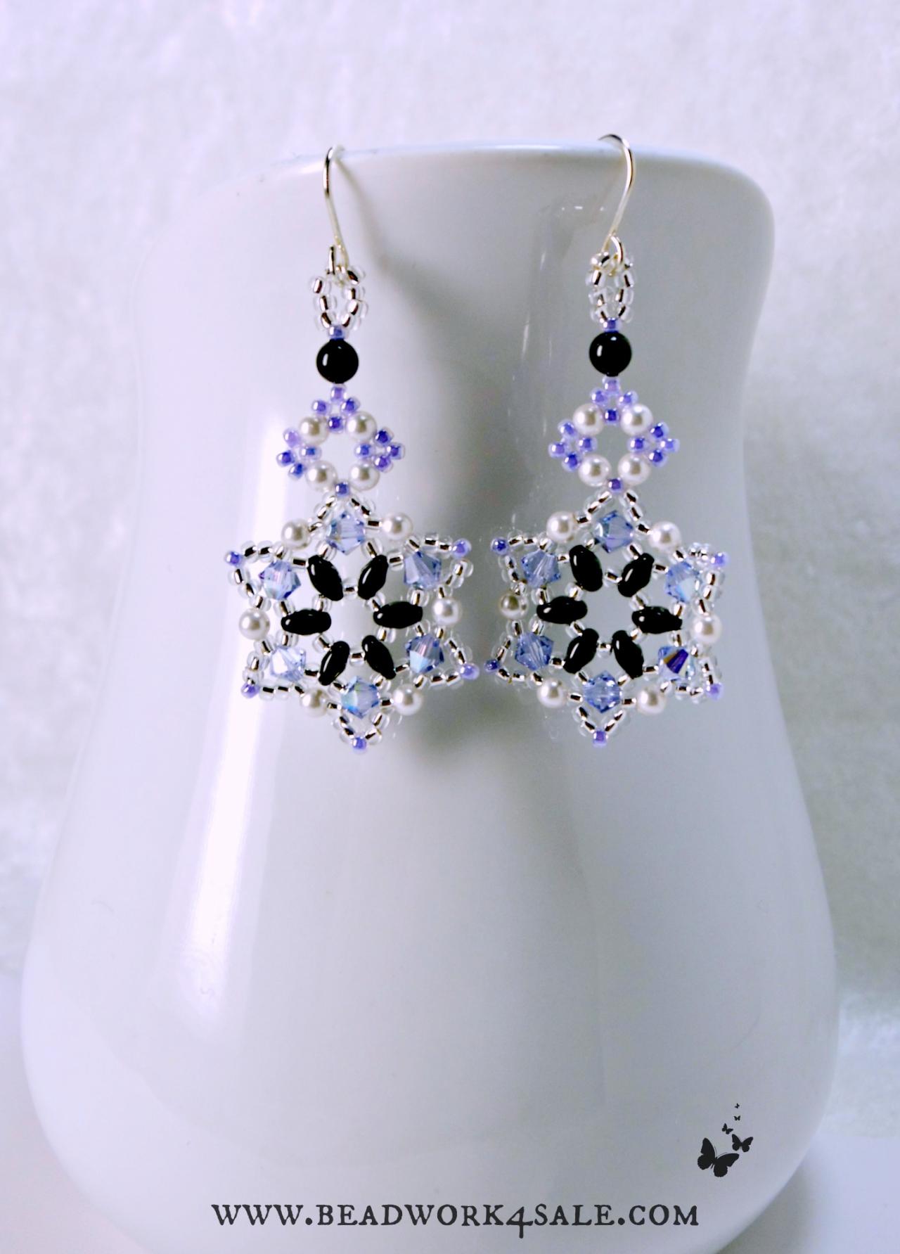 Lavendar Dangle Earrings Swarovski Crystals Pearls Black Onyx