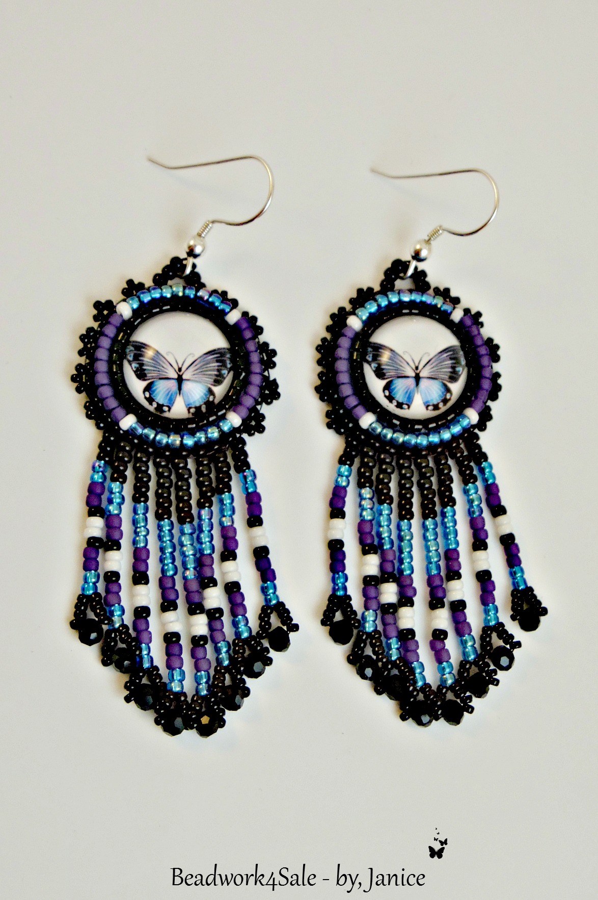 Purple - Capri Blue Butterfly Glass Cabachon Handmade Beaded Earrings